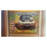Framed art print of a white and red BMW M3 racing