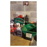 Lot of oil, Funnels, Sprayers, & other items