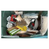 Tote of misc. items, mugs, plates, etc.