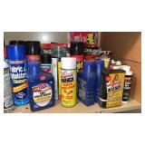 Shelf lot of tire cleaner, upholstery cleaner,