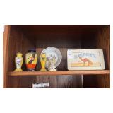 Shelf Lot of Japanese Vases and Camel Tin