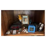 Shelf Lot of Alarm Clocks, Knick Knacks and More