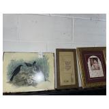 Framed pictures / thermometer & metal bird