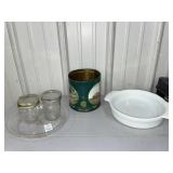 Pyrex & fire king dishes, Ball jar & Red Man tin