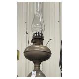 Antique oil lamp, brass base 22 in
