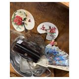 Lot of hand fans, trays and keepsake box