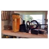 Shelf lot with 2 cycle oil, flashlight, etc.