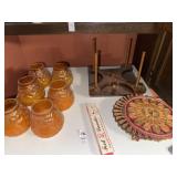 Lot of 6 Orange Glass Candles, Wooden Holder,
