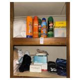 Two Shelf Lots of Sunscreen, Gloves, Etc