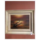 Framed Hand-painted Sunset with Driftwood