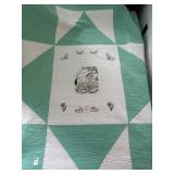 Green/White Handmade Quilt with Embroidered H