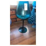 Empoli Italian art glass teal blue long stem