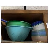 Plastic colander, bowls, storage containers