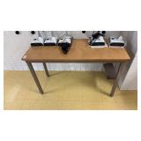 School table with metal base and wood top