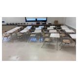 17 Metal school desks with attacked chair