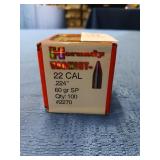 Sealed box of 100 Hornady 22 cal 60 gr reloading