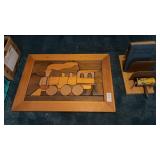 Handmade wooden train puzzle with antique book