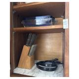 Shelf Lots of Knives, Glass Baking Dishes and