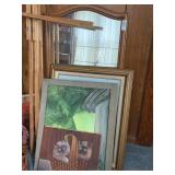 Lot of wall art, mirror, and easel