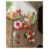 Vintage Christmas Lot - Tablecloth, Napkin Rings,