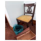 Chair, basket, small bin and wooden box