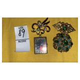 Vintage locket pin & green rhinestone dangle pin