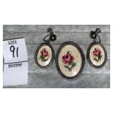 Vintage Cross-stitch Rose pin & drop earrings-