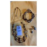Goldtone necklace bracelet & clip earrings signed