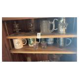 2 shelf lots - glass/metal mugs, shot glasses,