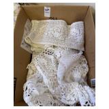 Box lot of vintage crochet doilies and table