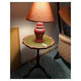 Antique pie table 13" dia 20" tall and lamp