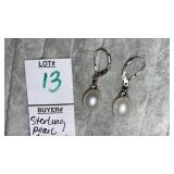 Sterling pearl diamond drop pierced earrings