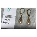 14k & Pearl Diamond Drop Pierced Earrings