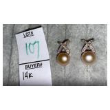 14k pearl diamond X pierced earrings