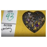 Sterling multi-color stone heart pin brooch