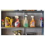 Shelf lot of WD-40, car and cleaning supplies
