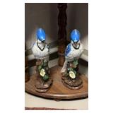 2 Ceramic Blue Jay Figurines and Stand