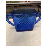 Blue depression glass creamer and sugar dishes