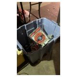 Plastic tub of tools - saw blades, drill bits,