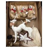 Vintage plastic reindeer, tree topper and misc