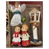 Flat of vintage caroling figurines, angel tree