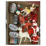 Flat of vintage flocked santas and reindeer,