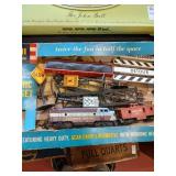 HO engine and caboose, metal signs, misc scale
