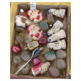 Flat of vintage mercury glass ornaments, paper