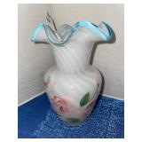 Vintage FENTON ART GLASS, White Swirl with Pink