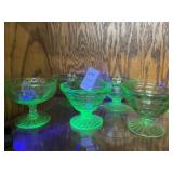 5 VINTAGE GREEN URANIUM GLASS FOOTED DESSERT