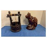 Vintage brown glazed ceramic wishing well planter