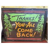Vintage framed ï¿½Thanks you-all come backï¿½ sign
