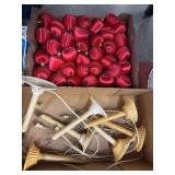 Box of vintage red satin ornaments and single