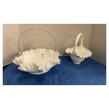 Fenton Silver Crest milk glass basket with clear